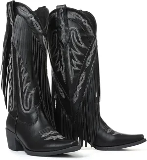 Celbreez Fringe Cowgirl Boots with Classic Embroidery Cowboy Boots for Women Wide Calf Pointed Toe Chunky Heel Pull on Knee High Western Boots