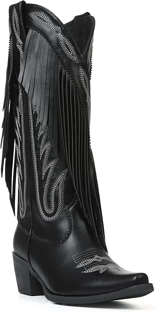 Celbreez Fringe Cowgirl Boots with Classic Embroidery Cowboy Boots for Women Wide Calf Pointed Toe Chunky Heel Pull on Knee High Western Boots