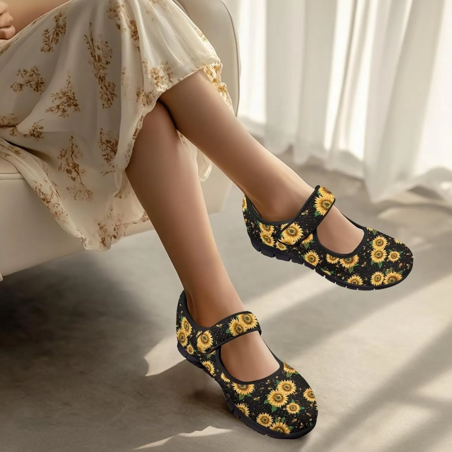 chaqlin Sunflower Mary Jane Ballet Flats Women Slip On Tennis Shoes with Single Buckle Lightweight Casual Walking Work Shoe Travel Comfy Sneaker