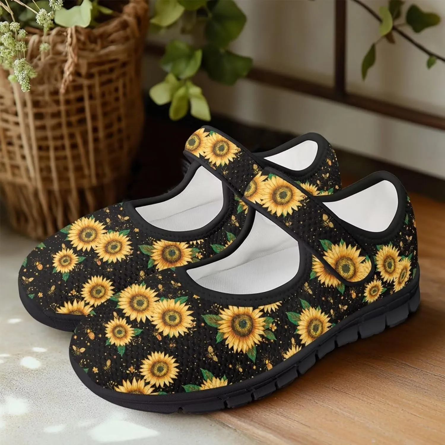 chaqlin Sunflower Mary Jane Ballet Flats Women Slip On Tennis Shoes with Single Buckle Lightweight Casual Walking Work Shoe Travel Comfy Sneaker