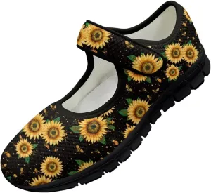 chaqlin Sunflower Mary Jane Ballet Flats Women Slip On Tennis Shoes with Single Buckle Lightweight Casual Walking Work Shoe Travel Comfy Sneaker
