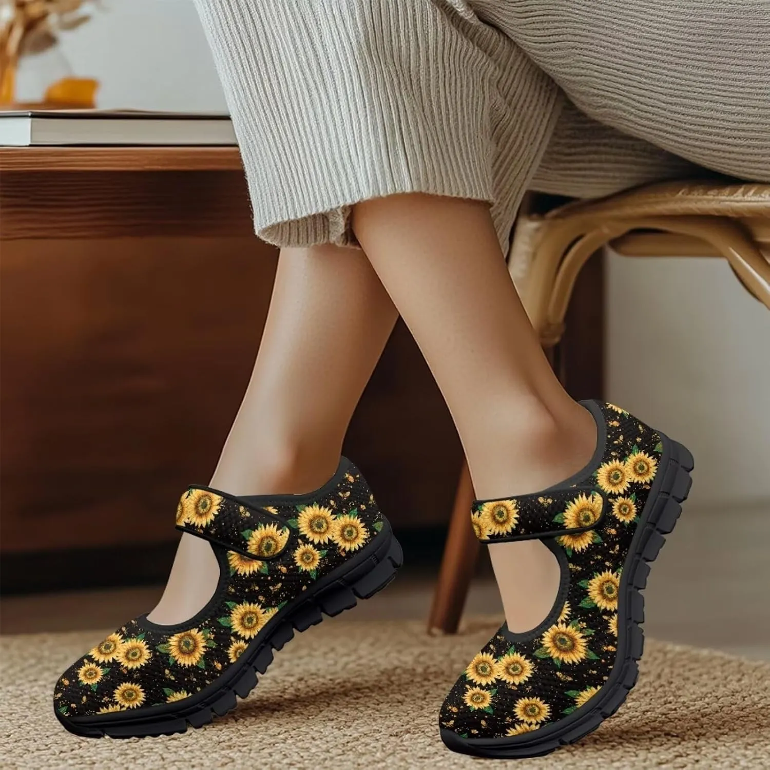 chaqlin Sunflower Mary Jane Ballet Flats Women Slip On Tennis Shoes with Single Buckle Lightweight Casual Walking Work Shoe Travel Comfy Sneaker