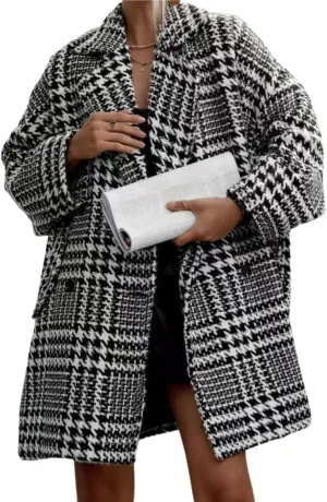 chouyatou Women Winter Houndstooth Wool Blend Coat Notch Lapel Loose Warm Mid Long Double Breasted Peacoat
