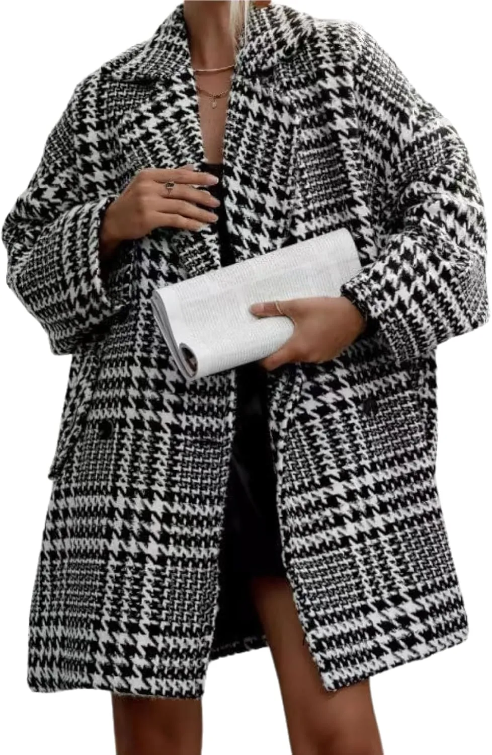 chouyatou Women Winter Houndstooth Wool Blend Coat Notch Lapel Loose Warm Mid Long Double Breasted Peacoat