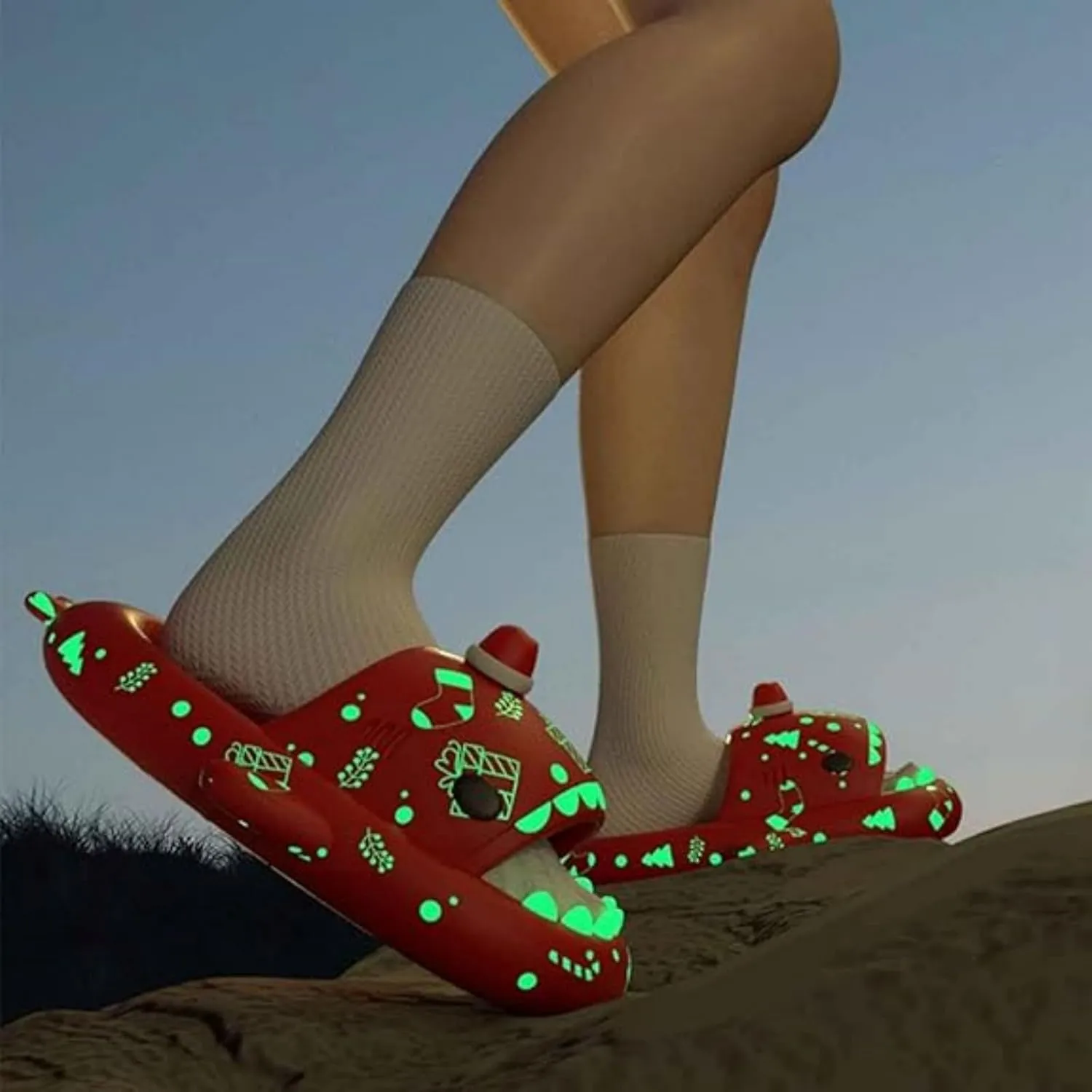 Christmas Shark Slipper, Spooky Shark Slides Glow In The Dark For Men Women,Halloween 3D Cartoon Shark Slides