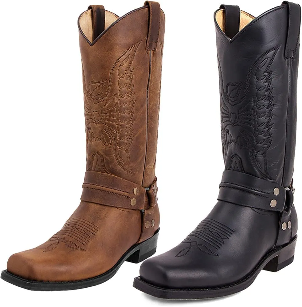 CHUUMEE Men's Classic Western Cowboy Square Toe Embroidered Cowboy Boots，Men's Square Toe Side Zip Ankle Boots