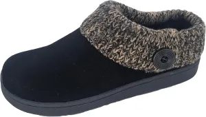 Clarks Womens Suede Leather Comfort Clog Knitted Collar Slipper - Plush Faux Fur Trim - Indoor Outdoor House Slippers For Women (Black/Beige 7M)