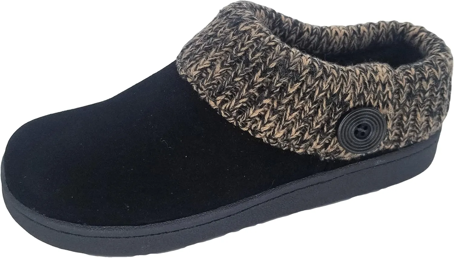 Clarks Womens Suede Leather Comfort Clog Knitted Collar Slipper - Plush Faux Fur Trim - Indoor Outdoor House Slippers For Women (Black/Beige 7M)