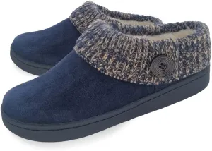 Clarks Womens Suede Leather Comfort Clog Knitted Collar Slipper - Plush Faux Fur Trim - Indoor Outdoor House Slippers For Women (Navy/Beige 6M)