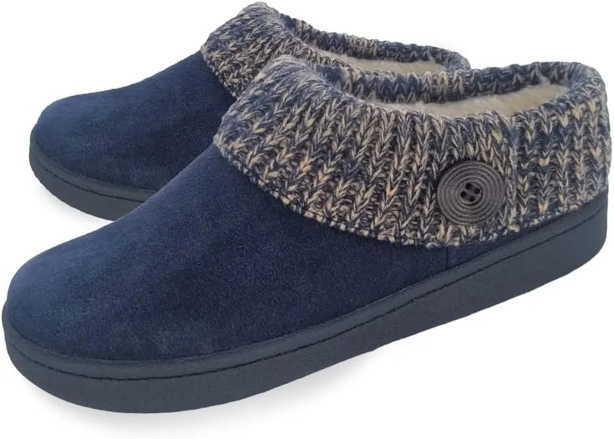 Clarks Womens Suede Leather Comfort Clog Knitted Collar Slipper - Plush Faux Fur Trim - Indoor Outdoor House Slippers For Women (Navy/Beige 6M)