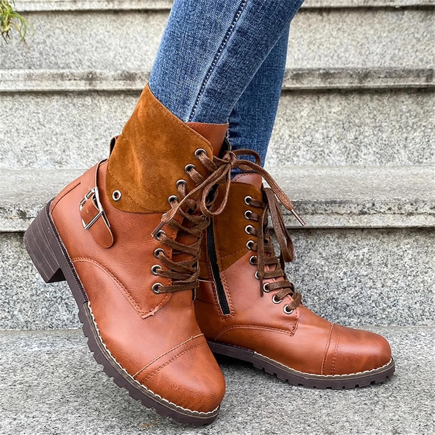 Combat Boots Women with Heel Women Boots Ankle Boots Side Zipper with Buckle Lace up Round Toe Fashion Casual Boots