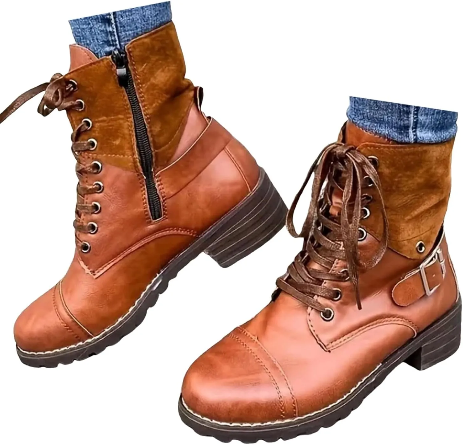 Combat Boots Women with Heel Women Boots Ankle Boots Side Zipper with Buckle Lace up Round Toe Fashion Casual Boots