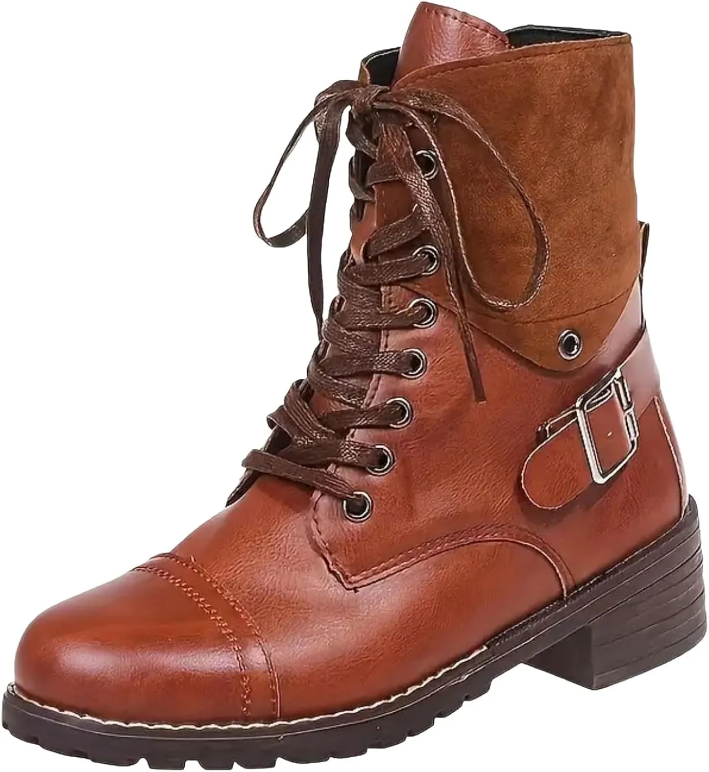 Combat Boots Women with Heel Women Boots Ankle Boots Side Zipper with Buckle Lace up Round Toe Fashion Casual Boots