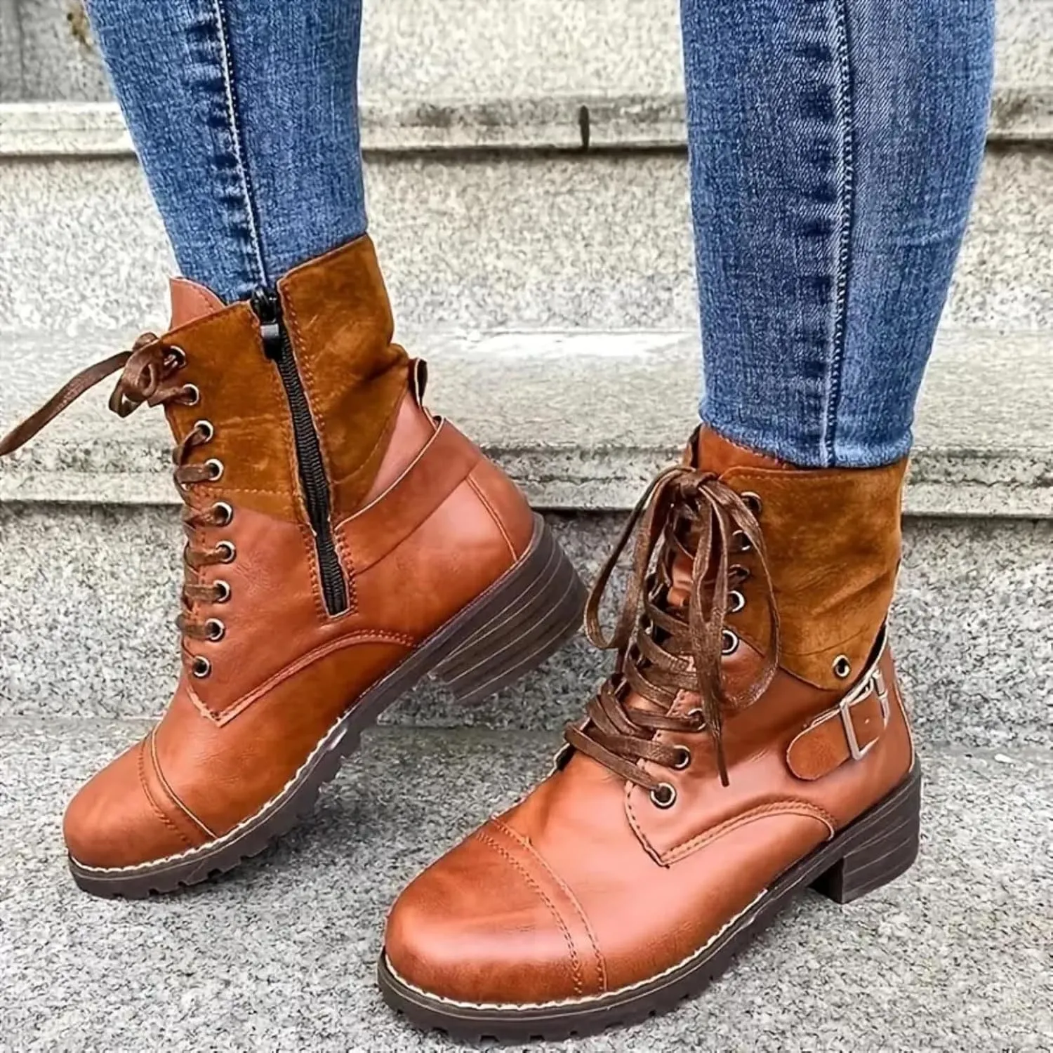 Combat Boots Women with Heel Women Boots Ankle Boots Side Zipper with Buckle Lace up Round Toe Fashion Casual Boots