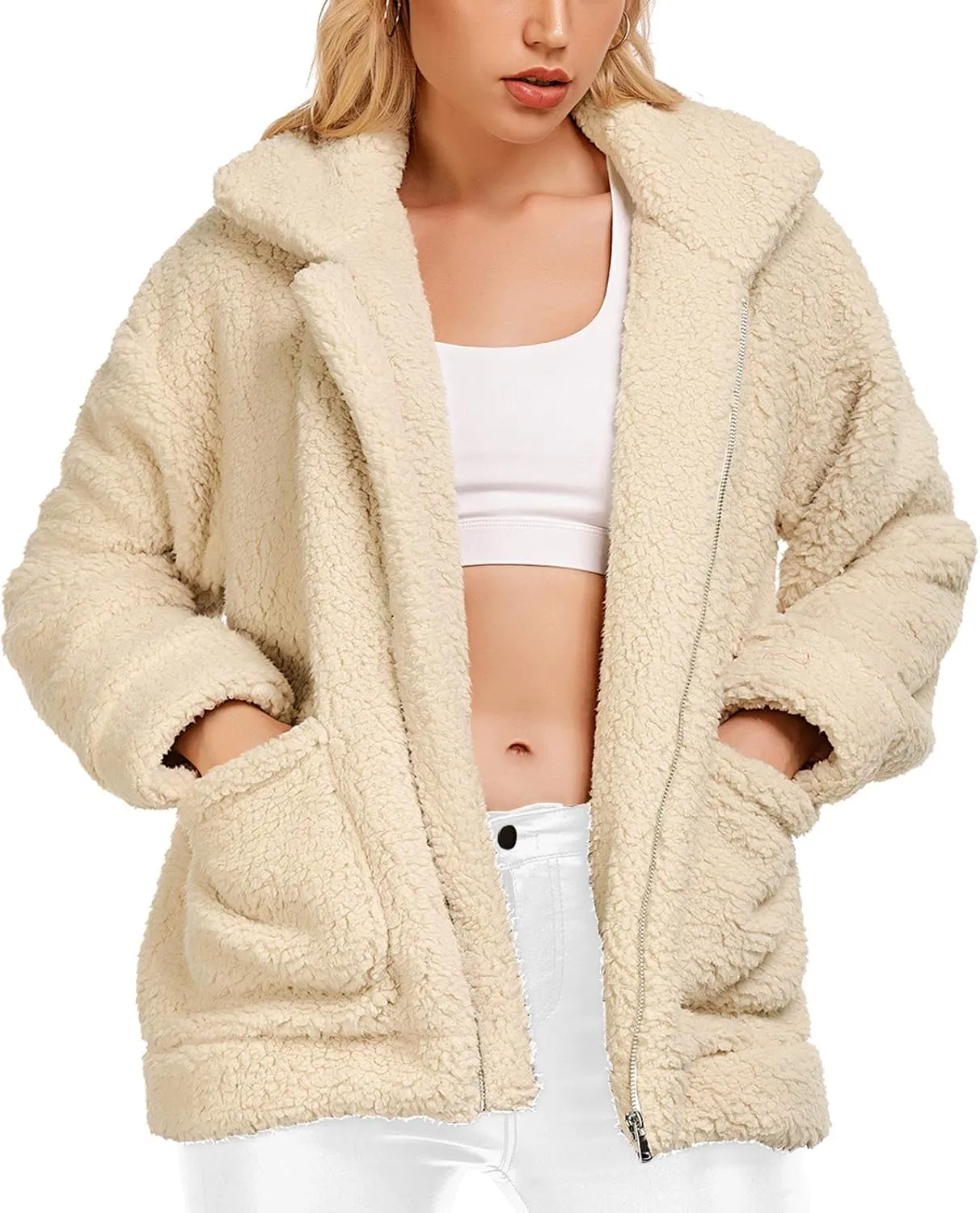 Comeon Women's Coat Casual Lapel Fleece Fuzzy Faux Shearling Zipper Coats Warm Winter Oversized Outwear Jackets