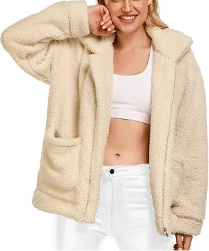 Comeon Women's Coat Casual Lapel Fleece Fuzzy Faux Shearling Zipper Coats Warm Winter Oversized Outwear Jackets
