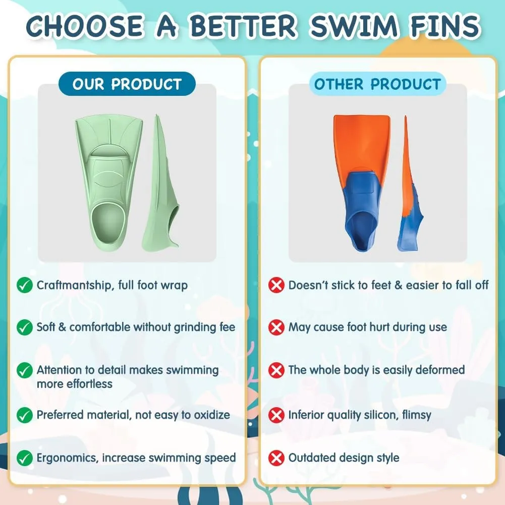 Comfecto Silicone Kids Swim Fins with Cute Sea Creature Out Sole, Short Training Fins for Lap Swimming Snorkeling, Travel Size Flippers with Mesh Bag