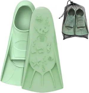 Comfecto Silicone Kids Swim Fins with Cute Sea Creature Out Sole, Short Training Fins for Lap Swimming Snorkeling, Travel Size Flippers with Mesh Bag