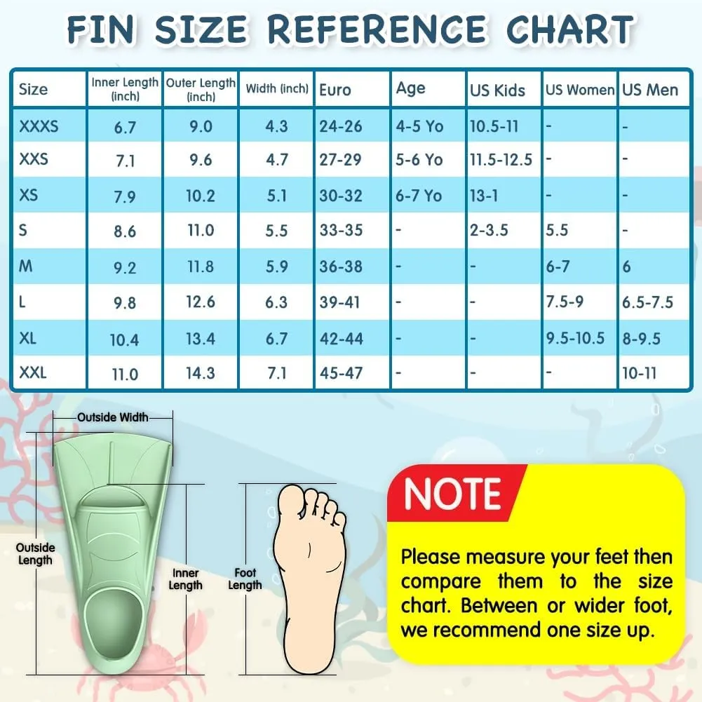 Comfecto Silicone Kids Swim Fins with Cute Sea Creature Out Sole, Short Training Fins for Lap Swimming Snorkeling, Travel Size Flippers with Mesh Bag