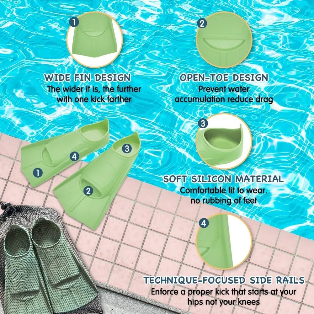 Comfecto Silicone Kids Swim Fins with Cute Sea Creature Out Sole, Short Training Fins for Lap Swimming Snorkeling, Travel Size Flippers with Mesh Bag