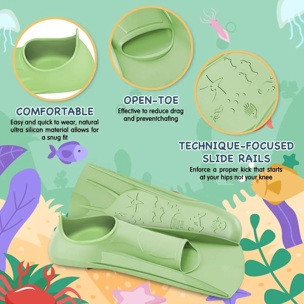 Comfecto Silicone Kids Swim Fins with Cute Sea Creature Out Sole, Short Training Fins for Lap Swimming Snorkeling, Travel Size Flippers with Mesh Bag