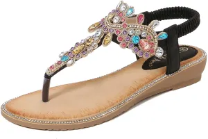 Comfortable Women's Sandals Summer Bohemian Rhinestone Beach Flip Flops Sandals Casual Flat Elastic Strap Sandals