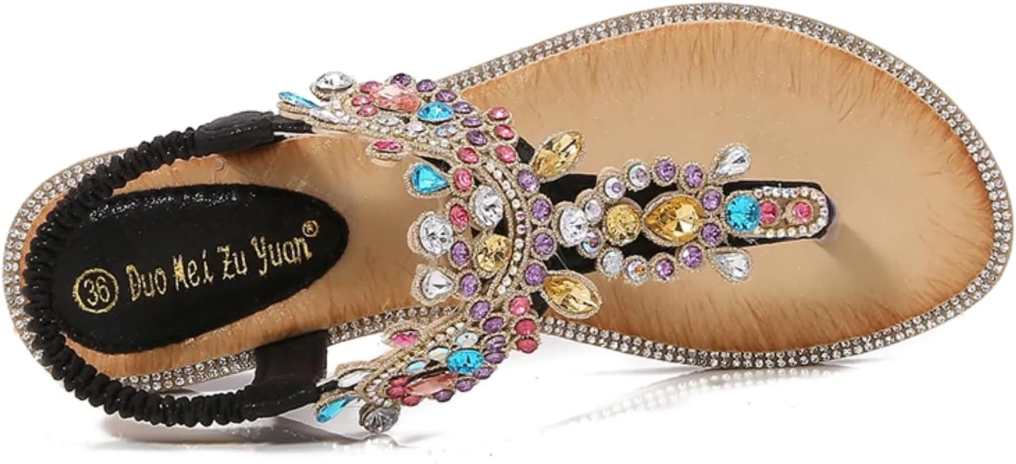 Comfortable Women's Sandals Summer Bohemian Rhinestone Beach Flip Flops Sandals Casual Flat Elastic Strap Sandals