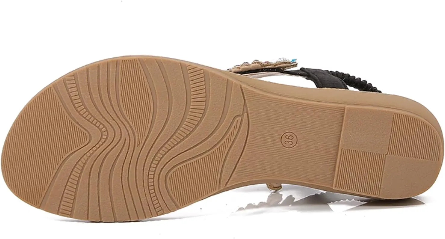 Comfortable Women's Sandals Summer Bohemian Rhinestone Beach Flip Flops Sandals Casual Flat Elastic Strap Sandals