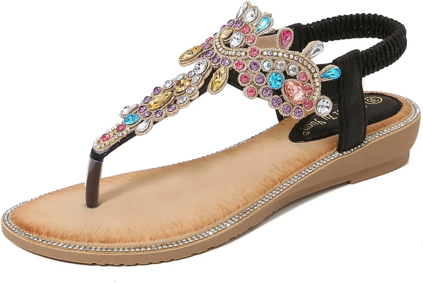 Comfortable Women's Sandals Summer Bohemian Rhinestone Beach Flip Flops Sandals Casual Flat Elastic Strap Sandals