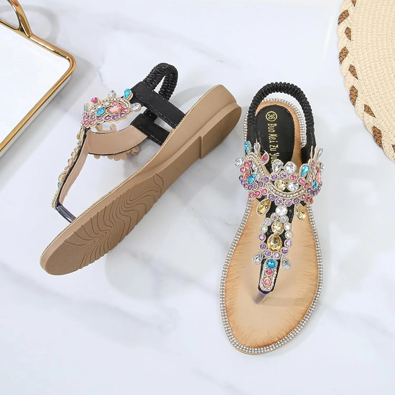 Comfortable Women's Sandals Summer Bohemian Rhinestone Beach Flip Flops Sandals Casual Flat Elastic Strap Sandals
