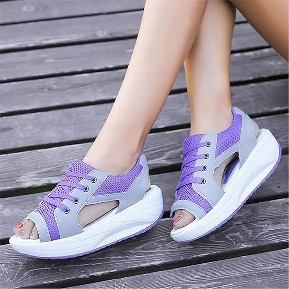 Contrast Paneled Cutout Lace-Up Muffin Sandals for Women, Causal Summer Peep Toe Platform Sandals Shoes Wedges
