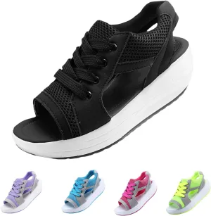 Contrast Paneled Cutout Lace-Up Muffin Sandals for Women, Causal Summer Peep Toe Platform Sandals Shoes Wedges