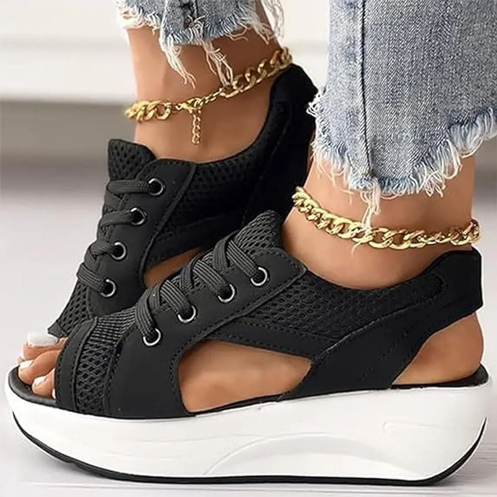 Contrast Paneled Cutout Lace-Up Muffin Sandals for Women, Causal Summer Peep Toe Platform Sandals Shoes Wedges