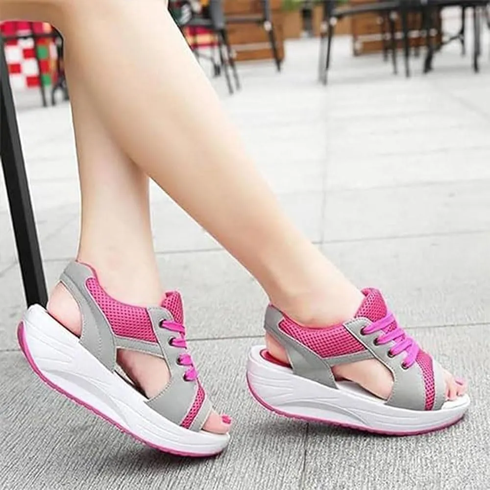 Contrast Paneled Cutout Lace-Up Muffin Sandals for Women, Causal Summer Peep Toe Platform Sandals Shoes Wedges