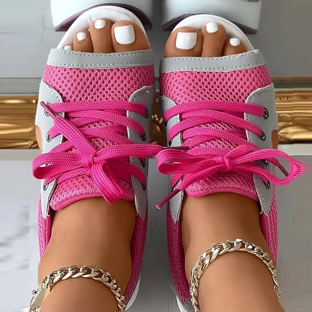 Contrast Paneled Cutout Lace-Up Muffin Sandals for Women, Causal Summer Peep Toe Platform Sandals Shoes Wedges
