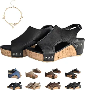 Cork Wedge Sandals for Women, Cork Platform Sandals, Thick Sole Comfy Leather Wedge Non-slip Summer Slippers