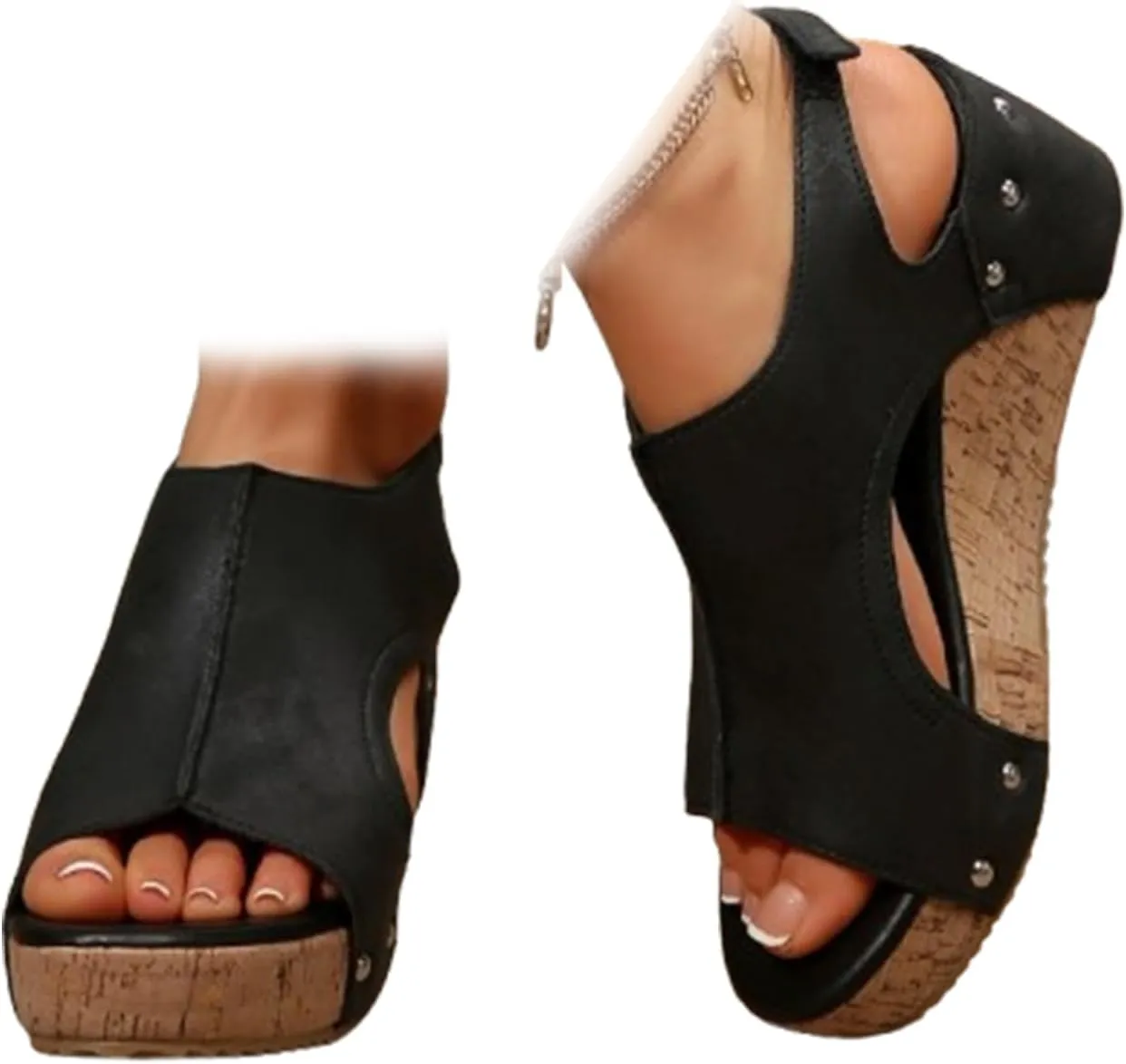 Cork Wedges & Platform Slides, Women's Thick Sole Comfy Leather Wedge Non-slip Slides, Summer Sandals Cork Sandals
