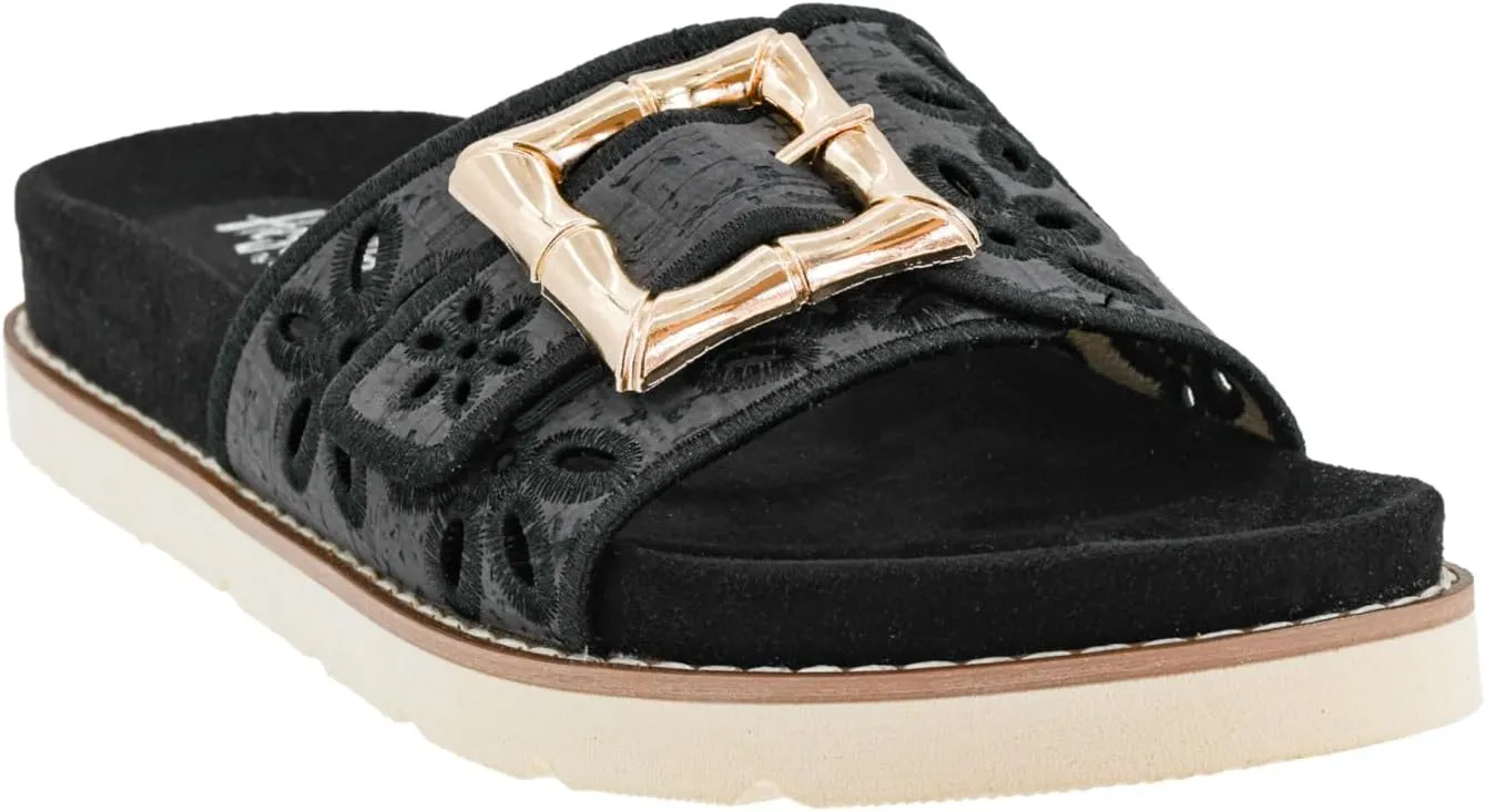 Corkys Footwear Hey Girl Slid In My DM Sandals - Featuring A Cushioned and Lightweight Outsole, An Adjustable Gold Buckle, and Floral Cutouts on the Strap