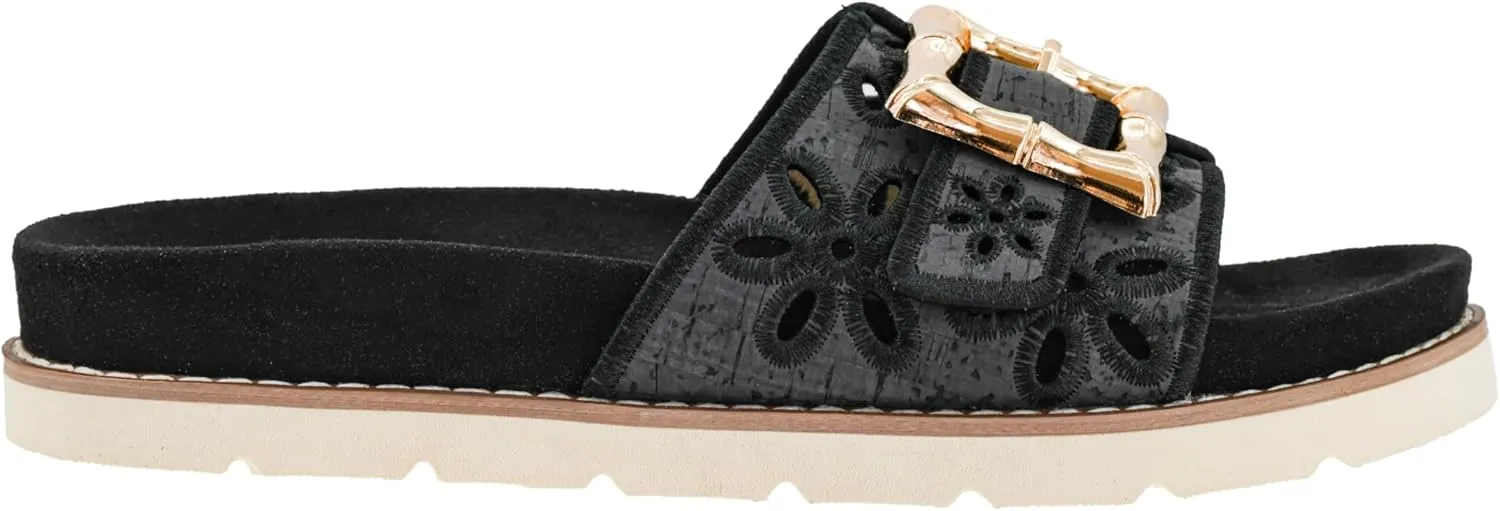 Corkys Footwear Hey Girl Slid In My DM Sandals - Featuring A Cushioned and Lightweight Outsole, An Adjustable Gold Buckle, and Floral Cutouts on the Strap