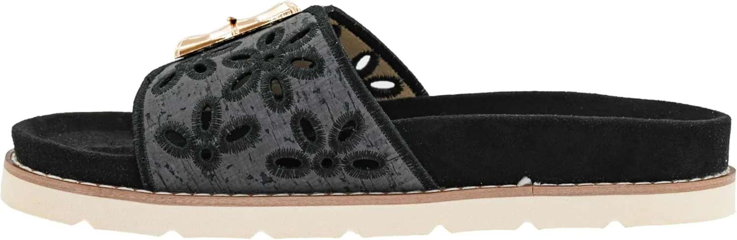 Corkys Footwear Hey Girl Slid In My DM Sandals - Featuring A Cushioned and Lightweight Outsole, An Adjustable Gold Buckle, and Floral Cutouts on the Strap
