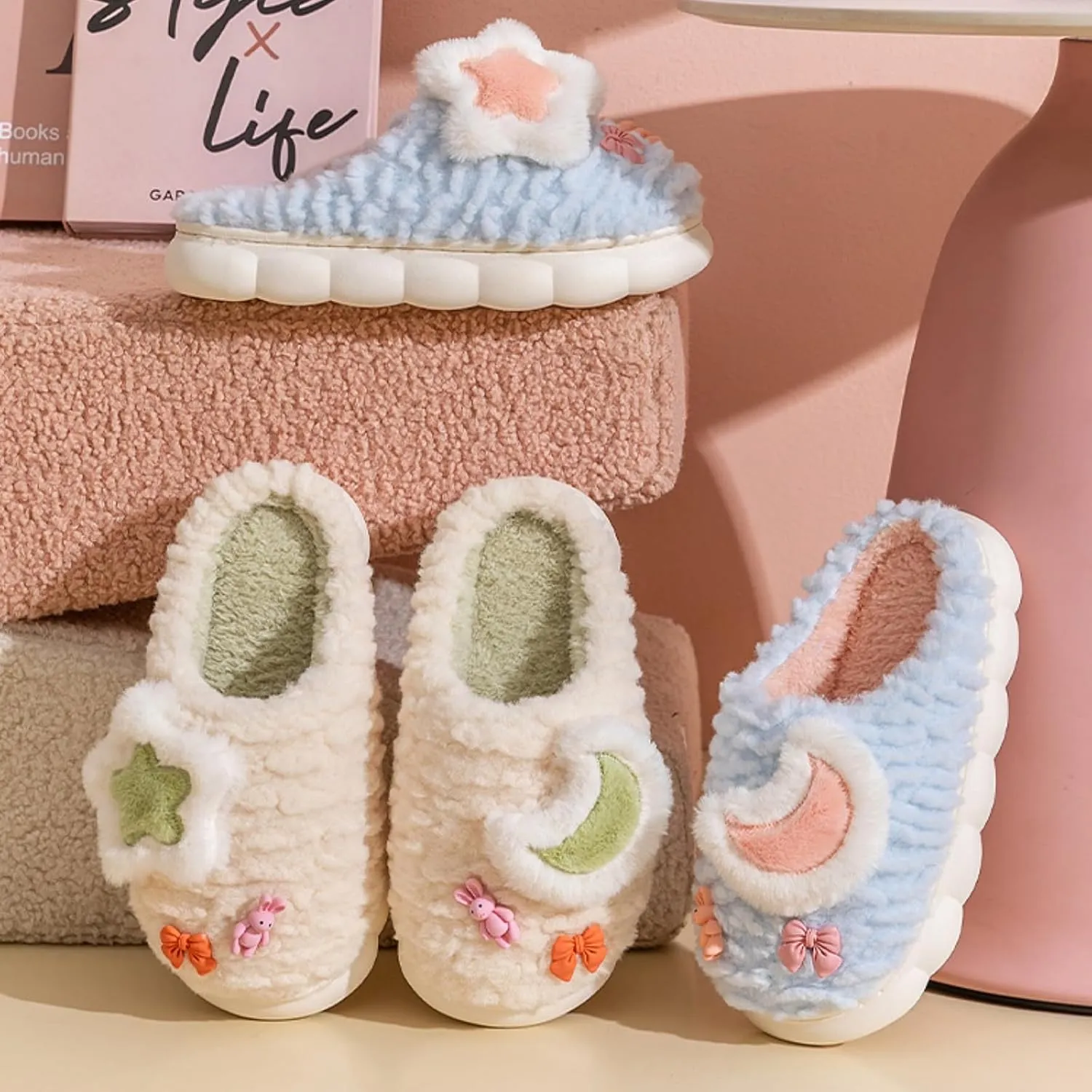 Cosmic Star Moon Cotton Stuff Slippers Plush Velvet Soft Furry Slippers Cozy Fluffy Home Indoor Outdoor House Shoes