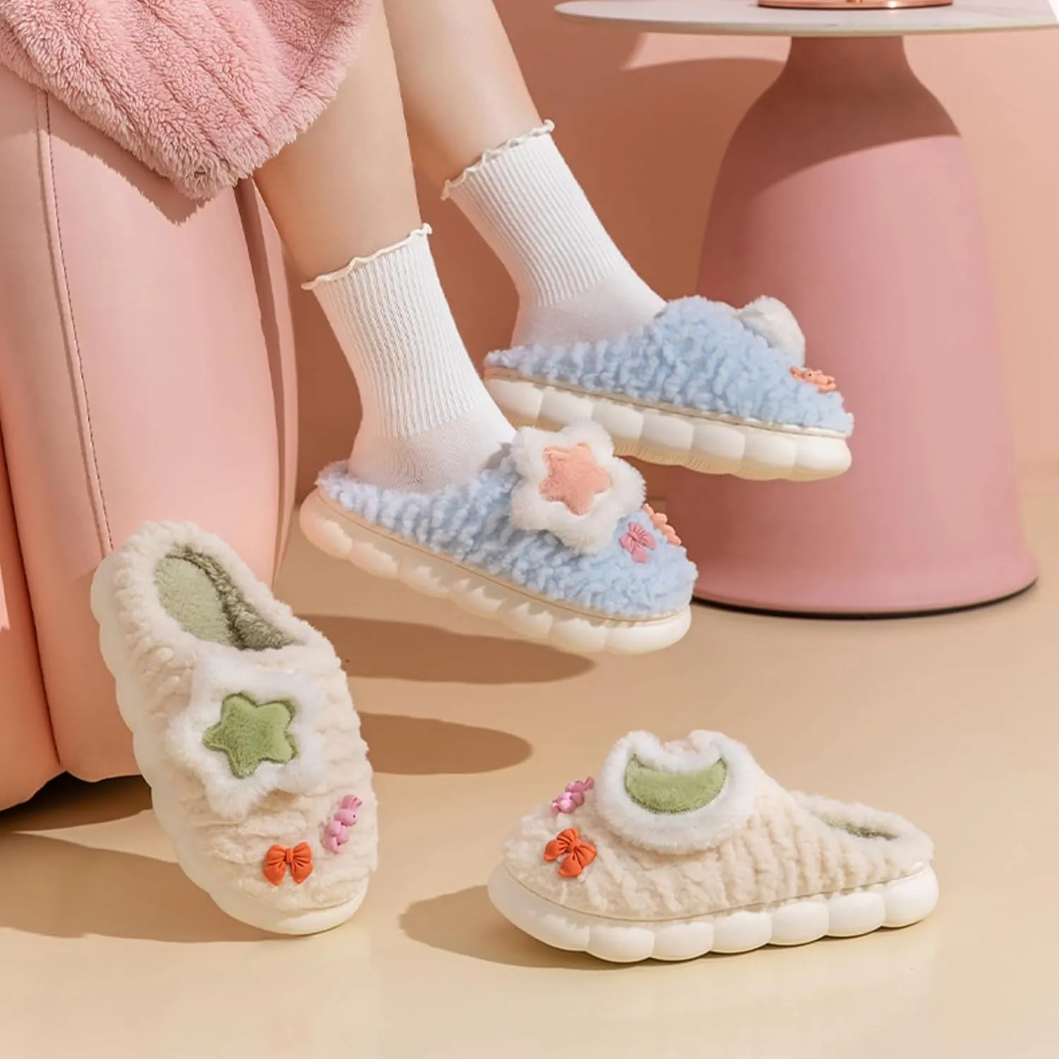 Cosmic Star Moon Cotton Stuff Slippers Plush Velvet Soft Furry Slippers Cozy Fluffy Home Indoor Outdoor House Shoes