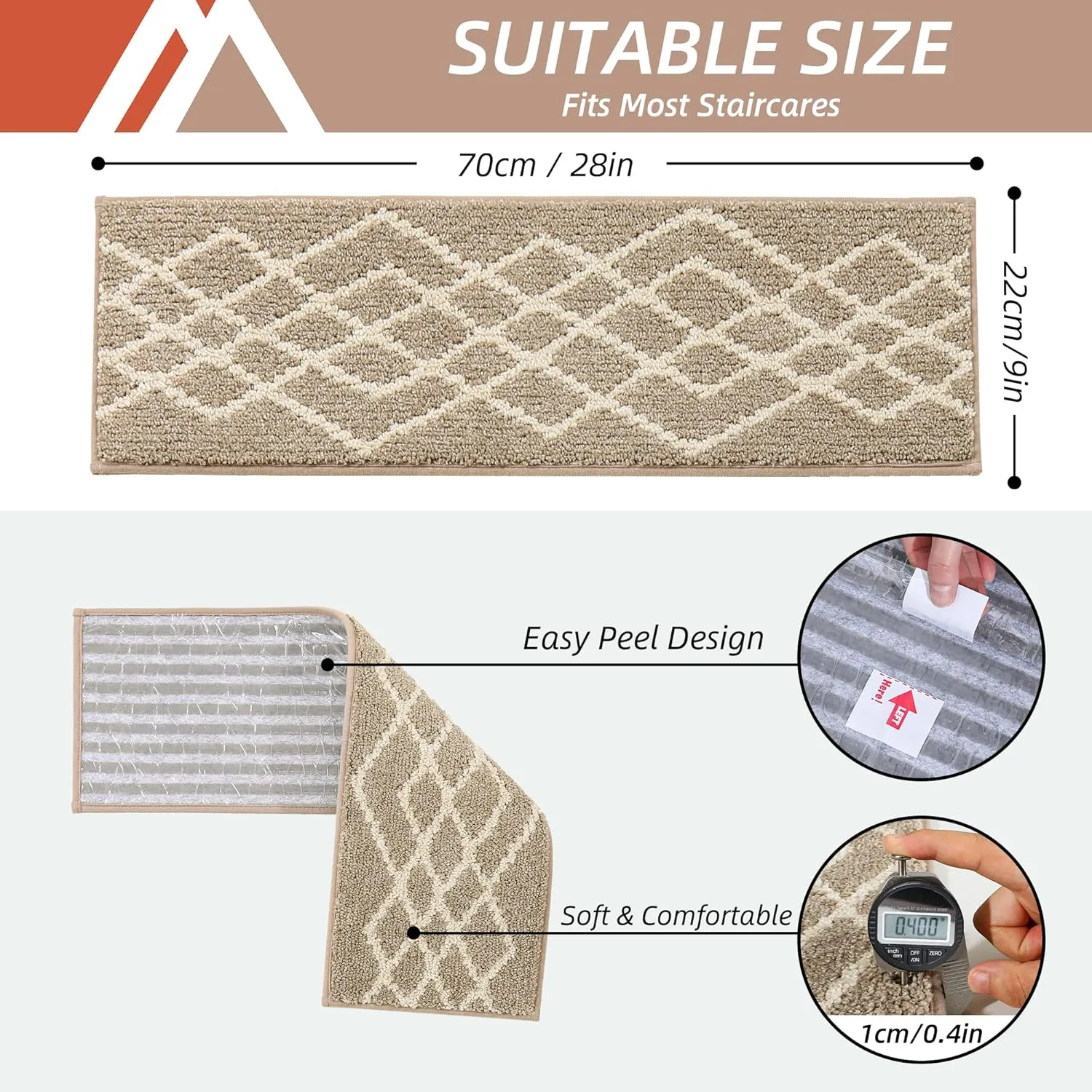 COSY HOMEER Soft Stair Treads Non-Slip Carpet Mat 28inX9in Indoor Stair Runners for Wooden Steps,Stair Rugs for Kids and Dogs, 100% Polyester TPE Backing 10pcs,Beige,Rhombus