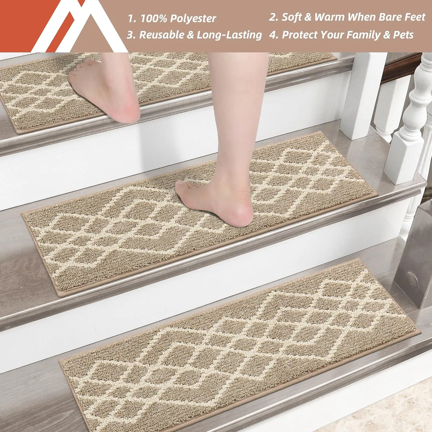 COSY HOMEER Soft Stair Treads Non-Slip Carpet Mat 28inX9in Indoor Stair Runners for Wooden Steps,Stair Rugs for Kids and Dogs, 100% Polyester TPE Backing 10pcs,Beige,Rhombus