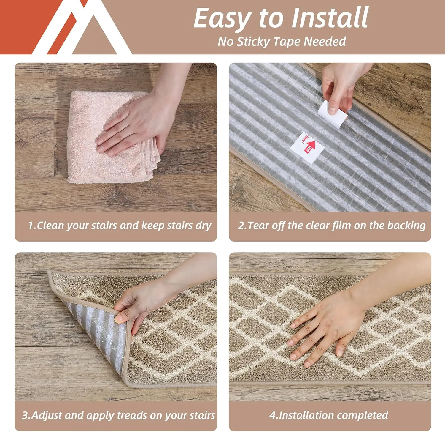 COSY HOMEER Soft Stair Treads Non-Slip Carpet Mat 28inX9in Indoor Stair Runners for Wooden Steps,Stair Rugs for Kids and Dogs, 100% Polyester TPE Backing 10pcs,Beige,Rhombus
