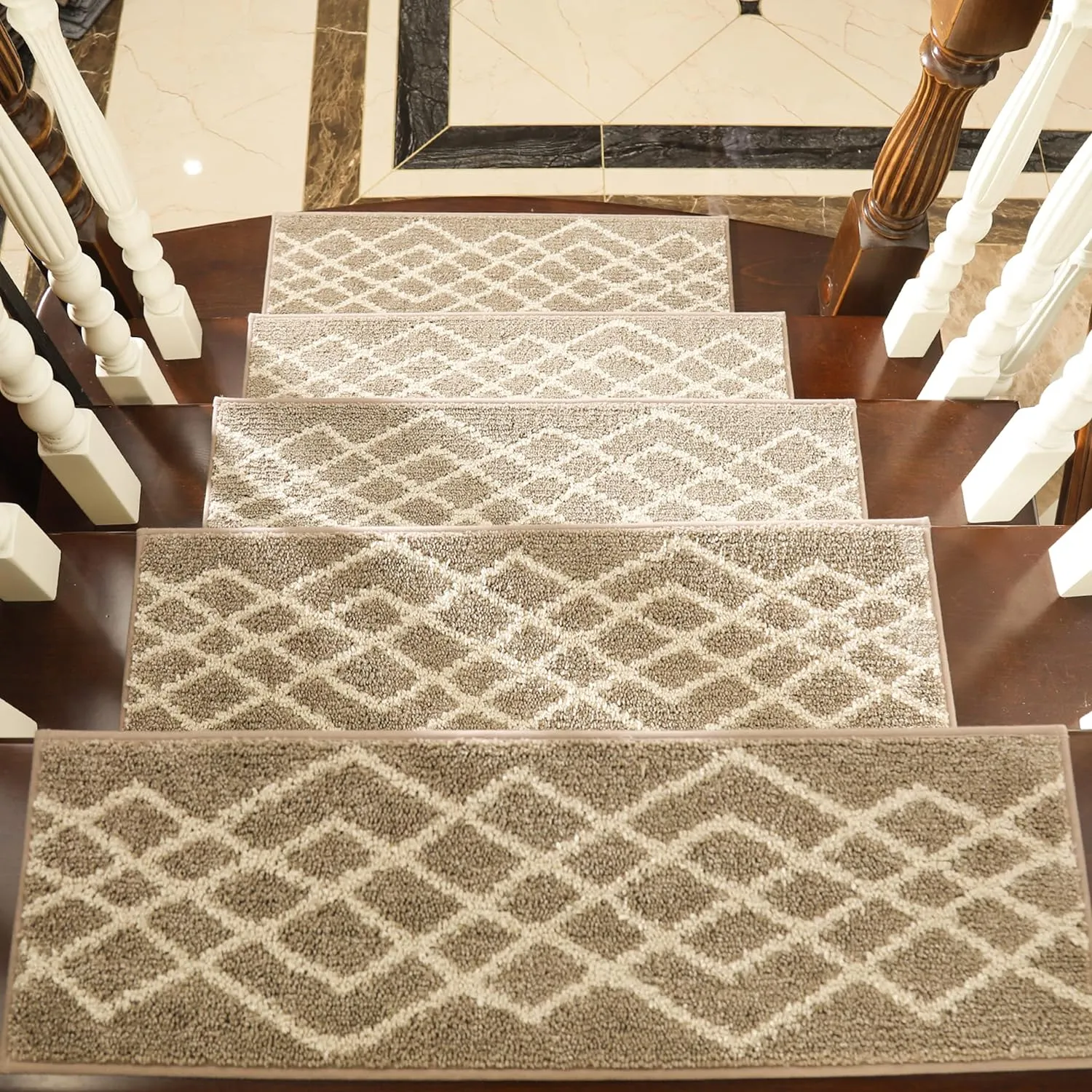 COSY HOMEER Soft Stair Treads Non-Slip Carpet Mat 28inX9in Indoor Stair Runners for Wooden Steps,Stair Rugs for Kids and Dogs, 100% Polyester TPE Backing 10pcs,Beige,Rhombus