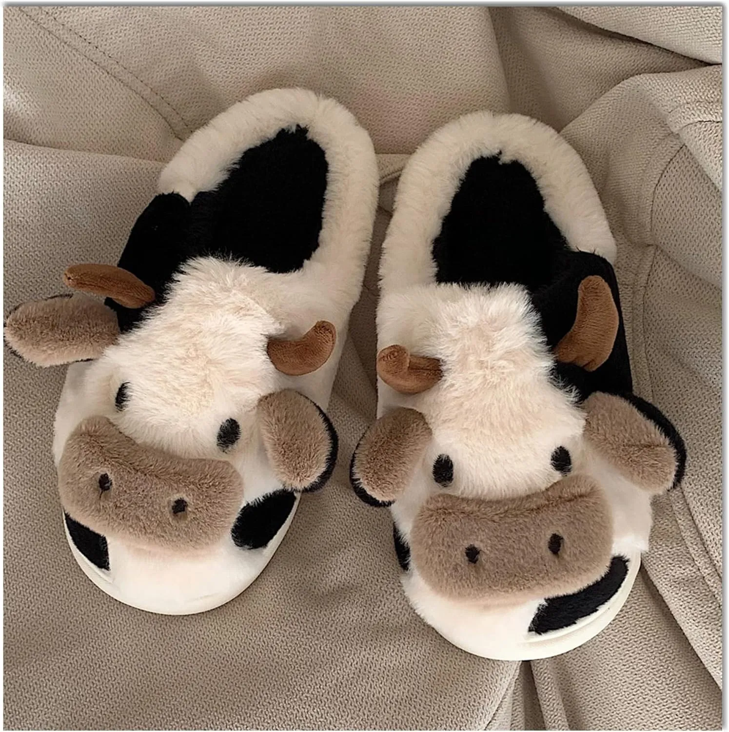COVS Cow Slippers for Women/Men， Cute Cozy Cartoon Cow Fluffy Slippers Indoor Outdoor Fuzzy Slippers In Winter