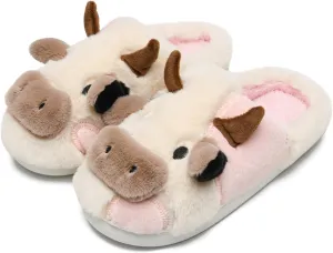 COVS Cow Slippers for Women/Men， Cute Cozy Cartoon Cow Fluffy Slippers Indoor Outdoor Fuzzy Slippers In Winter
