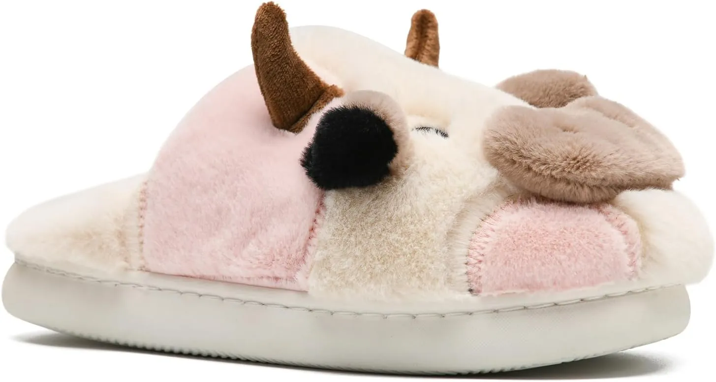 COVS Cow Slippers for Women/Men， Cute Cozy Cartoon Cow Fluffy Slippers Indoor Outdoor Fuzzy Slippers In Winter