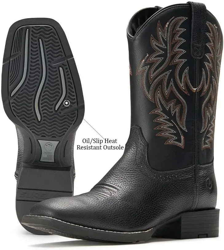 Cowboy Boots For Men - Mens Sport Wide Square Toe Western Boot,Oil/Slip Resistant,Durable Fashionable Classic Pull on 10 Inch Wellington Boots - Soft Toe Work Boots